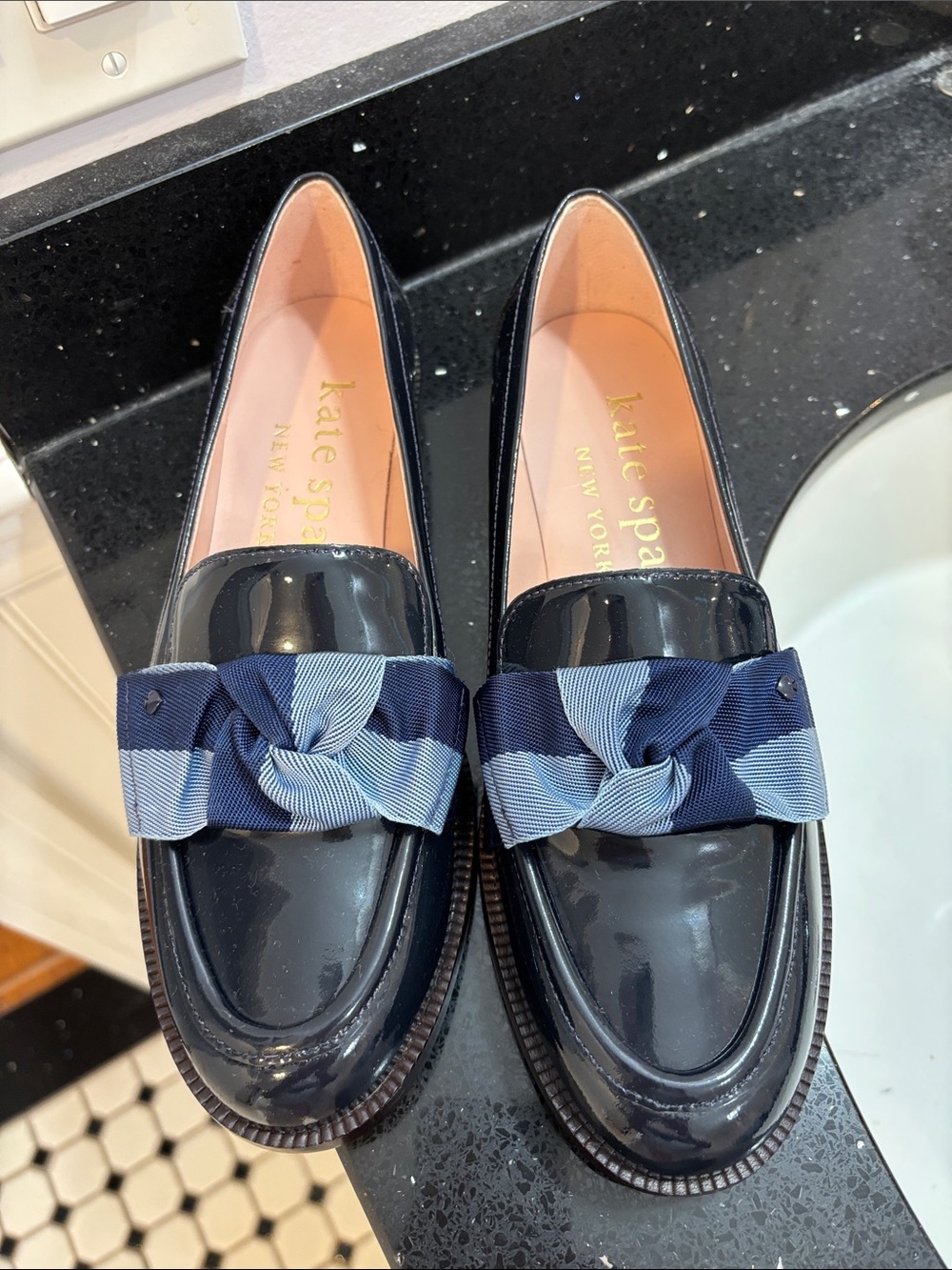 NWOT kate spade Navy Patent Loafers with Striped Blue Bow